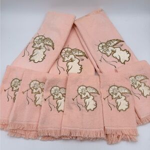 VTG Bath Hand Towel Set Angels Peachy Pink W Gold Outline 90s Bathroom Decor 9pc